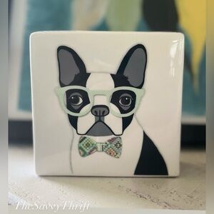 Rae Dunn Boston Terrier Ceramic Decor Square Block with Glasses & Bow Tie